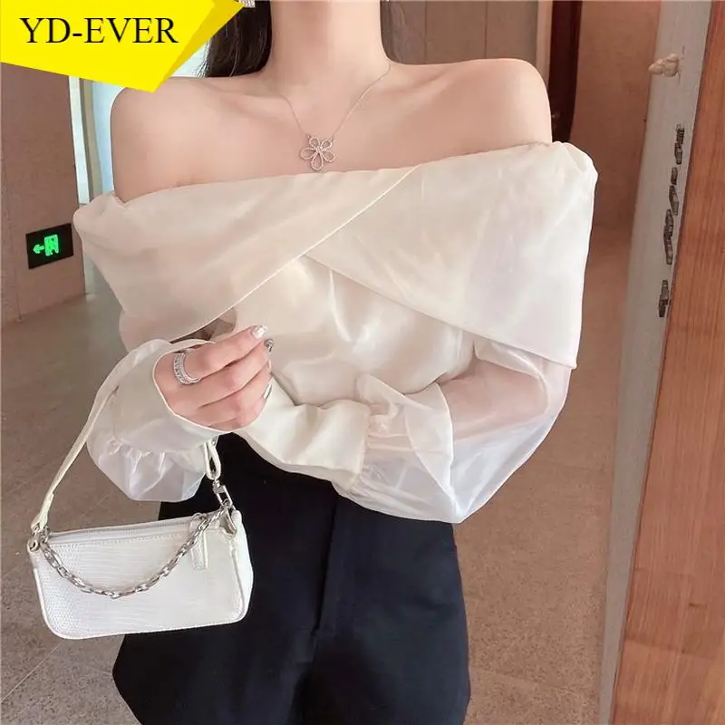  Slash Neck Long Sleeve Shirt Women Elegant Off Shoulder Korean Chic Blouse See Through All-match Tops Blusas Mujer | Женская одежда