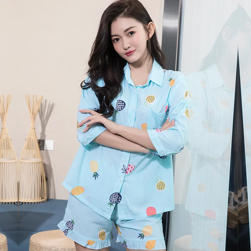 

FZSLCYIYI Summer Printed Cotton Silk Half Sleeve Shirt Shorts Pajama Set Sleepwear Casual Nightwear Homewear