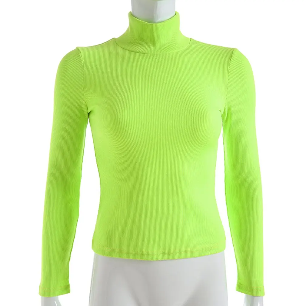 neon yellow Неоновый Топ сплошной цвет осень зима ребристая футболка Женская водолазка с длинным рукавом трикотажные топы - Цвет: neon yellow