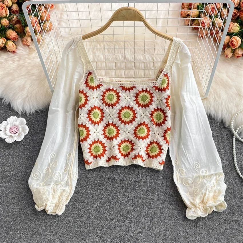 

Korean Style Chic Vintage Blouse Hollow Out Crochet Top Spring Autumn Long Sleeve Cotton Linen Shirt Women Designer Blusa Mujer