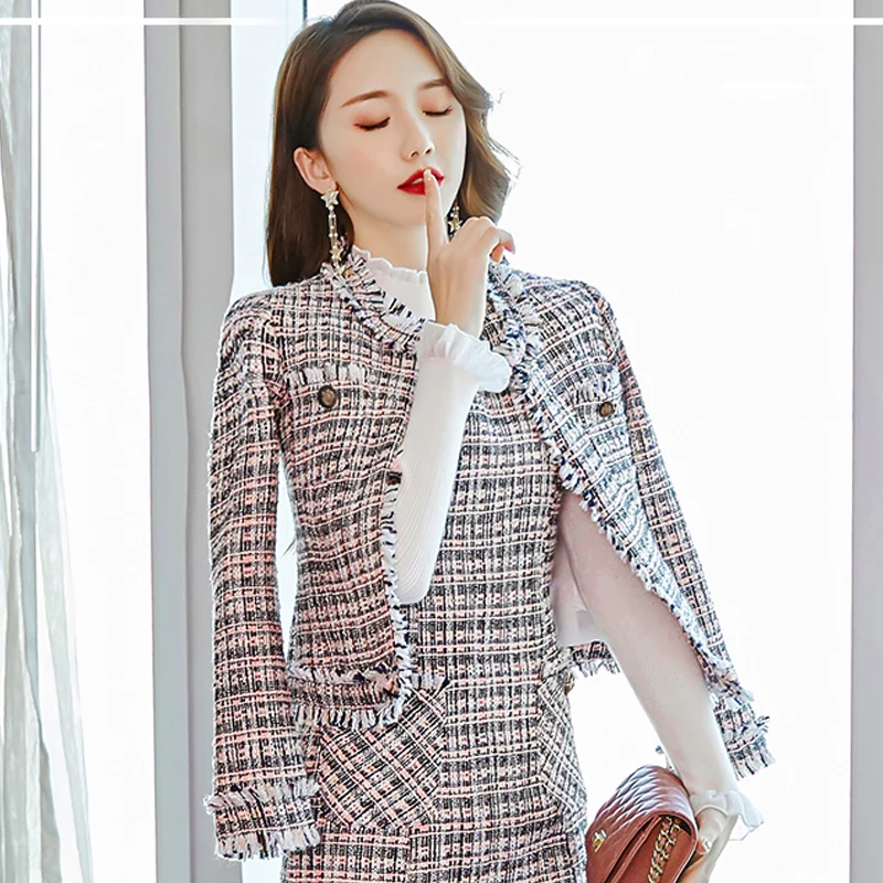 Jacket Клетчатый твидовый пиджак+ платье без рукавов, костюм весна/осень/зима, Женская куртка, пальто с длинным рукавом, деловой женский костюм из 2 предметов - Цвет: Jacket