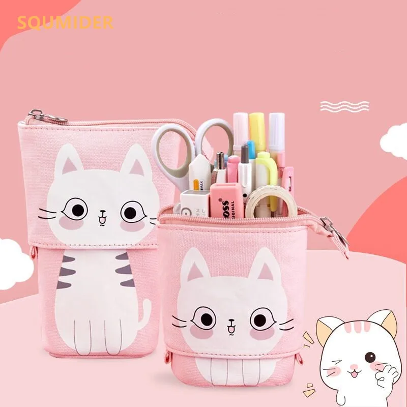 

Creative Retractable canvas pencil case Kawaii cat school Pencil cases big stationery bag cute pen holder gifts for kids pen bag