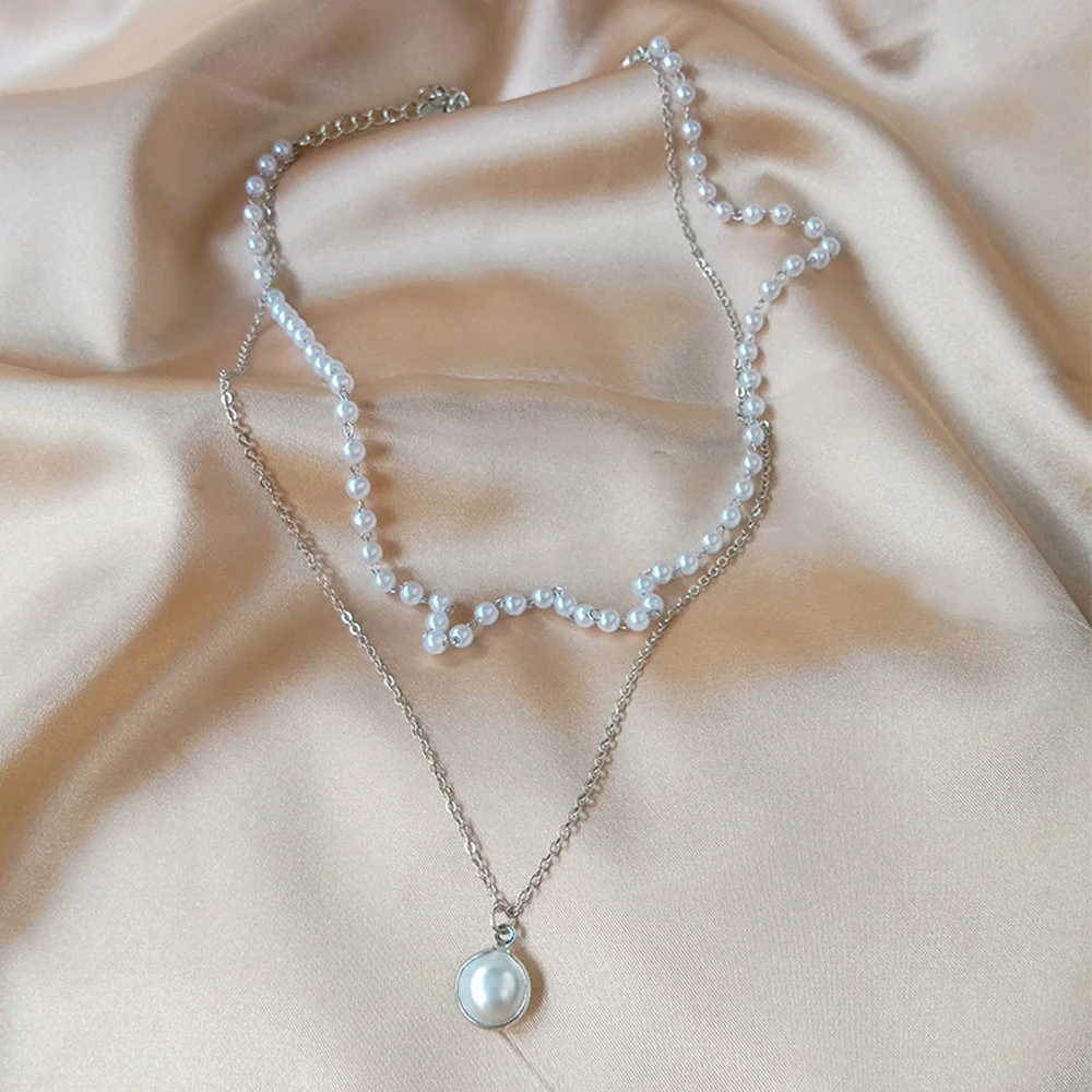 

2021 New Fashion Kpop Pearl Choker Necklace Cute Double Layer Chain Pendant For Women Jewelry Girl Gift