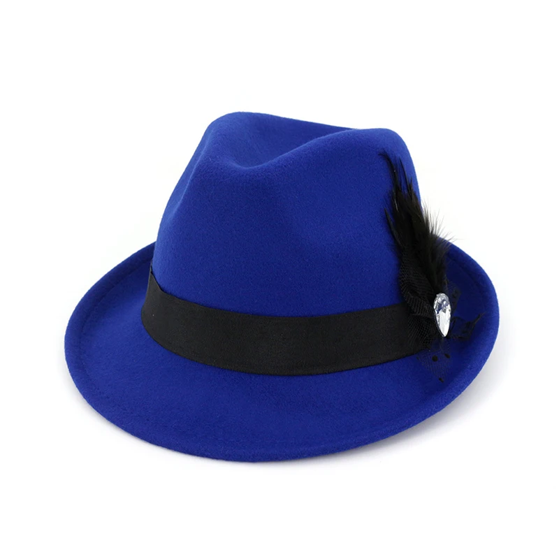 Royal Blue fedora FS зима осень Fedora Шляпа черная для женщин мужчин боулинг, джаз шляпы сомбреро Mujer Трилби кепки свернутые короткие полями с перьевой лентой - Цвет: Royal Blue fedora