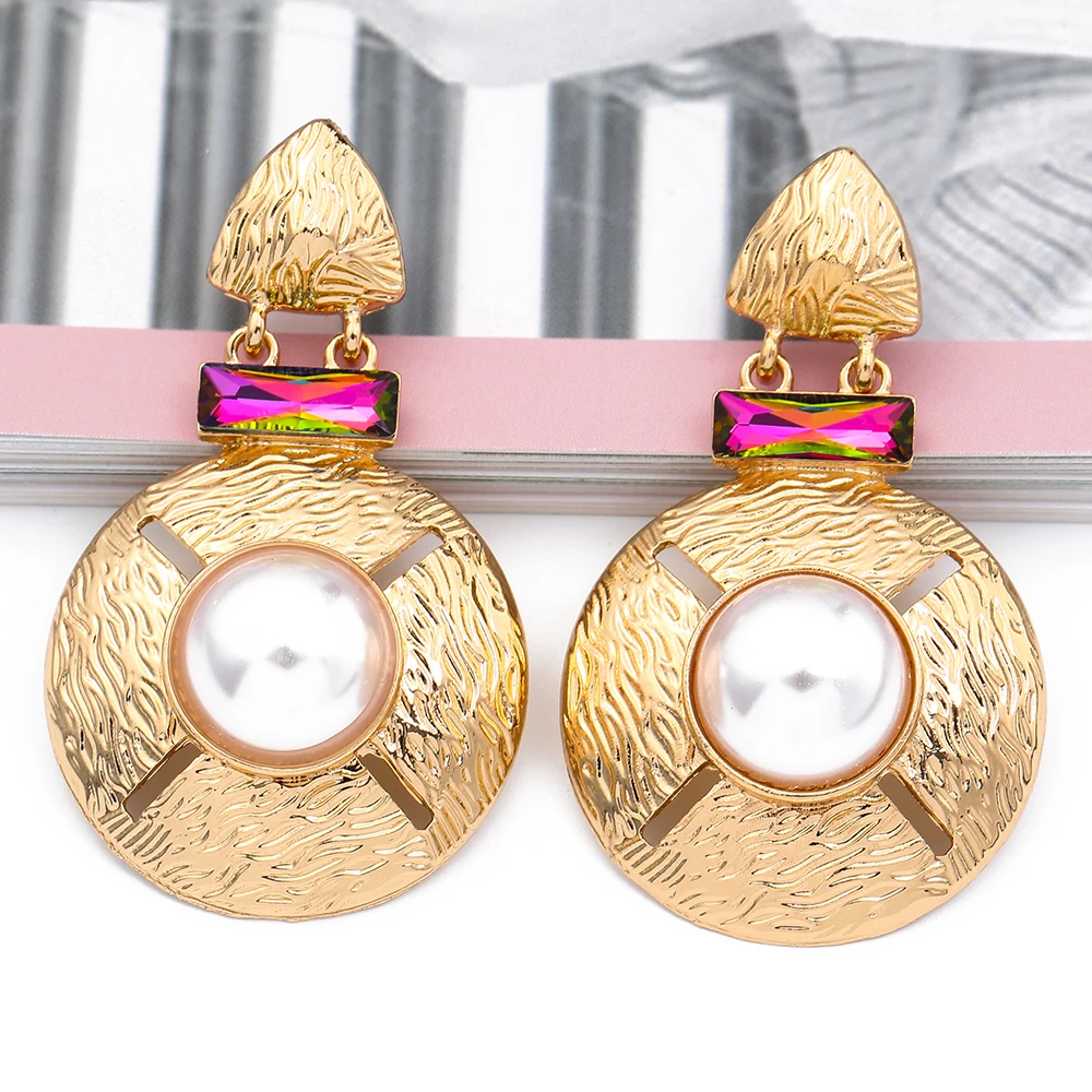 

New Round Gold Metal Pearl Crystal Earrings Long Statement Luxury Drop Ear Ring Fashion Jewelry Accessories For Women Wholesale