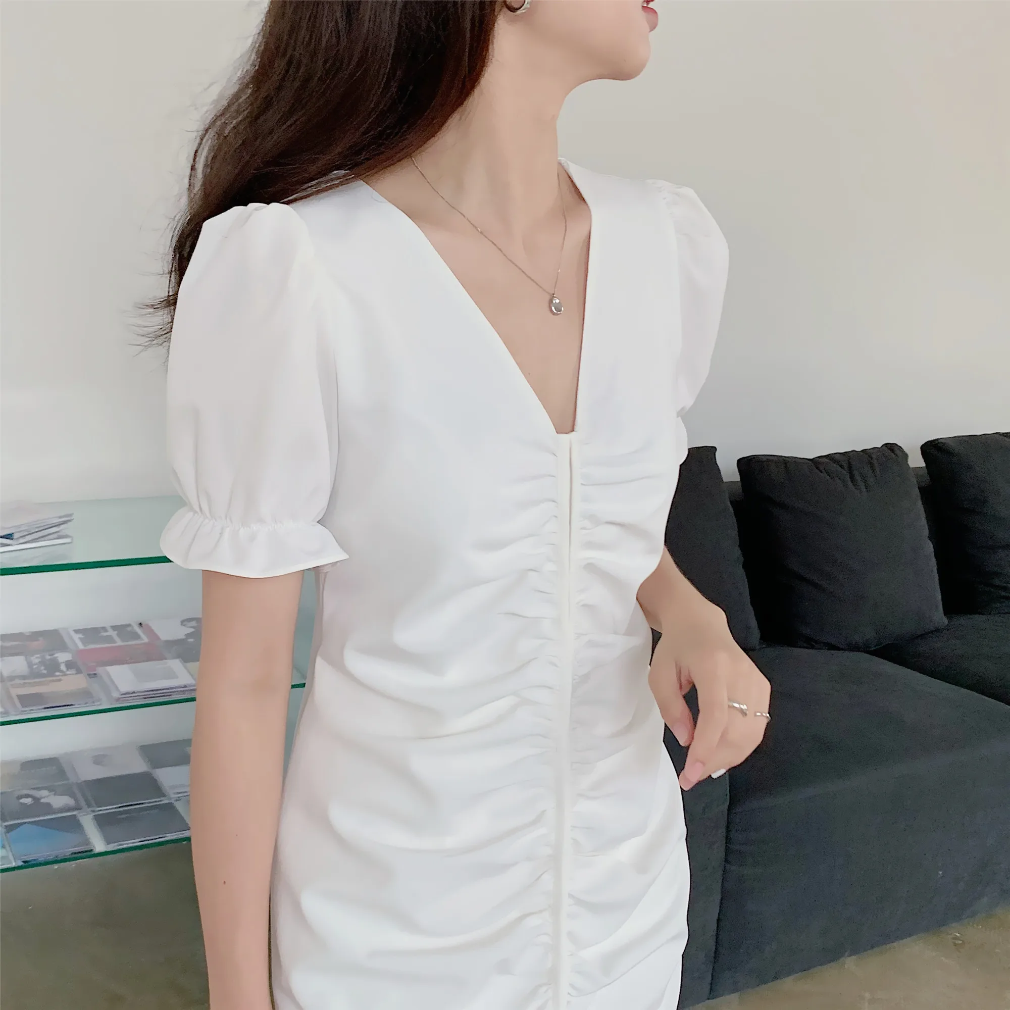 

Elegant V neck Bodycon Summer Dress Women Puff Sleeve Office Lady Party Mermaid Skirt High Waist Slim Female Solid Dresses 2020