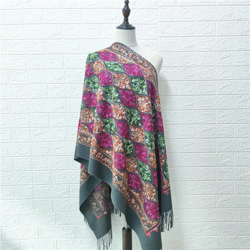 

Зимний искусственный кашемировый шарф с вышивкой Bufanda, накидка, Женская шаль в этническом стиле, теплое пончо с кисточками, Пашмина, осень