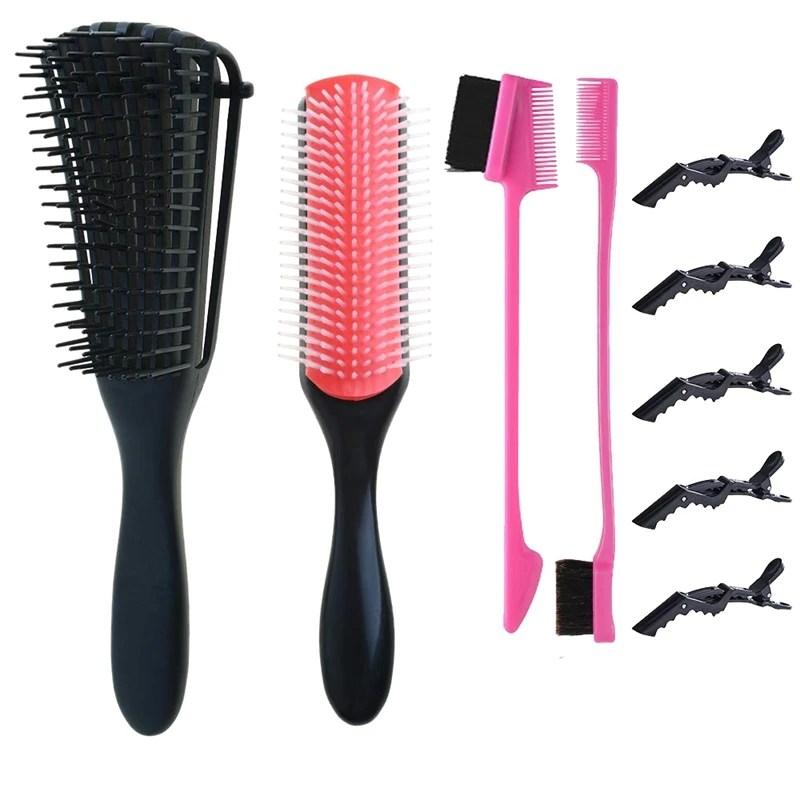 

Nylon Bristle Shampoo Brush Tangled Brush Set with 2 Different Edge Brushes 5 Hairpins on Both Sides for Separation