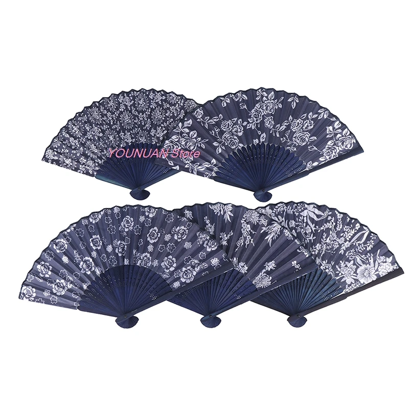 

1PCS Chinese Style Flower Design Blue Fabric Hand Fan Wedding Party Favor Gifts
