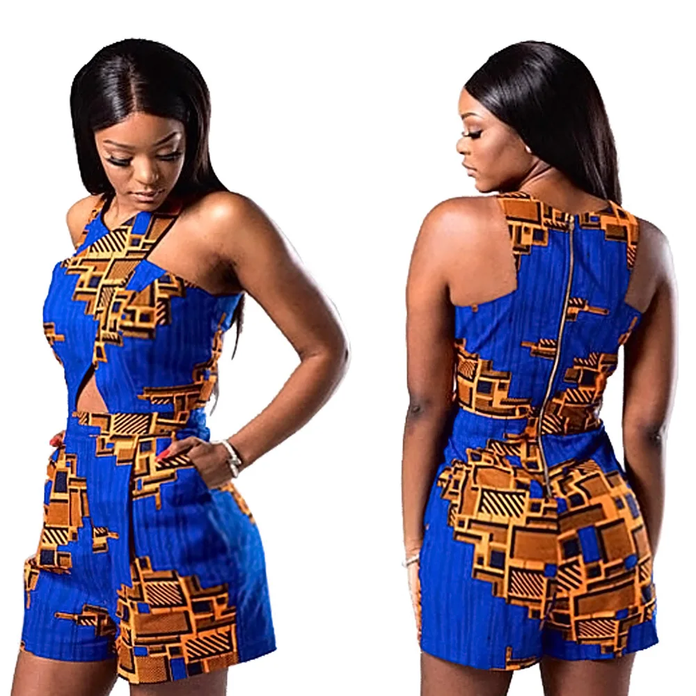 

Ursuper Cross-Border Supply WISH Sexy Cross Hollow out Ethnic Print Pocket Jumpsuit