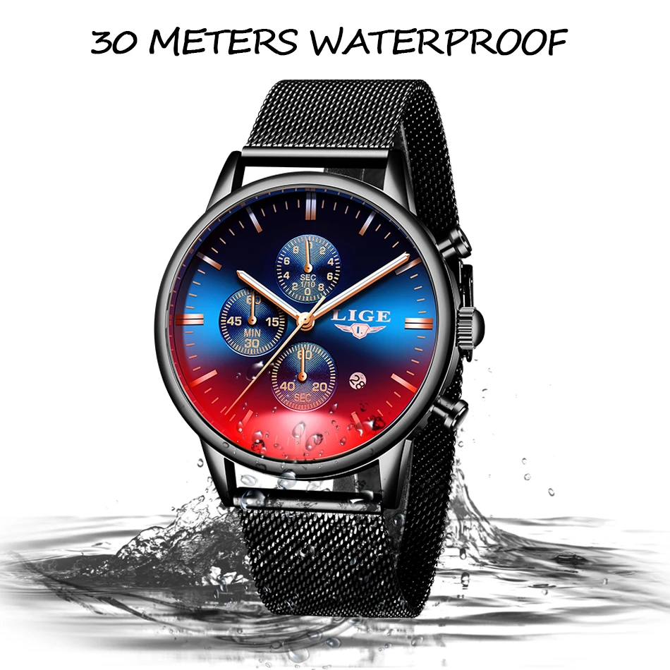 Часы наручные LIGE Мужские кварцевые роскошные брендовые модные повседневные