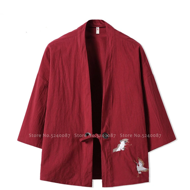 Пальто хаори из хлопка с вышивкой журавлей кардиган в японском стиле Харадзюку