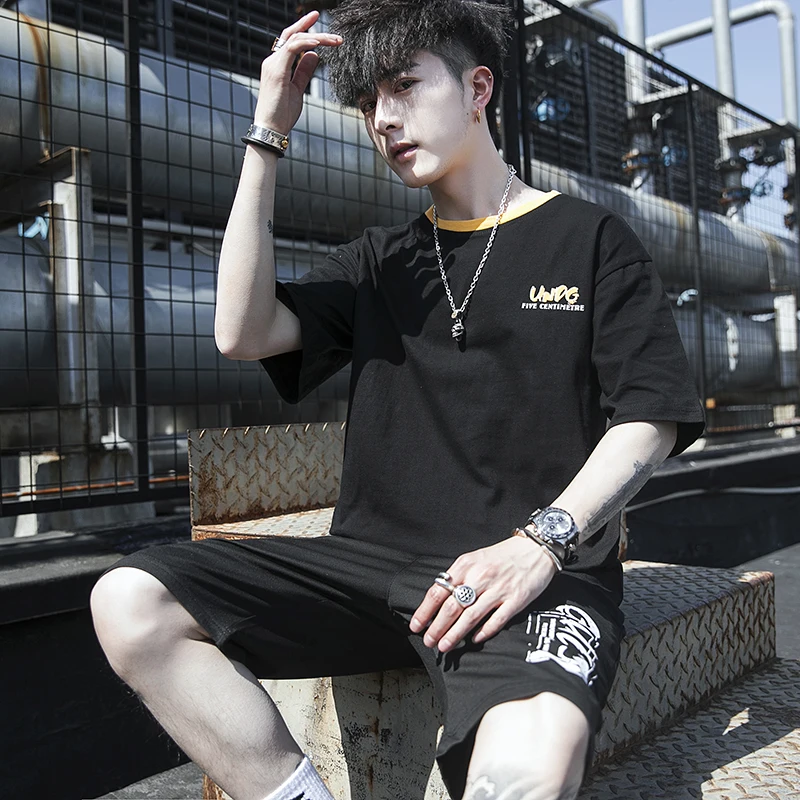 

2pcs set men NEW Short-sleeved Shorts Two-piece Suit Male Summer Student Youth streetwear Hip Hop Sports Style