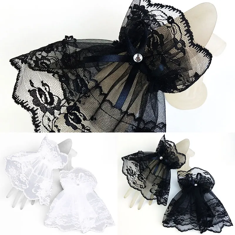 

2020 Women Lace Wrist Cuffs Bracelets Wedding Rhinestone Bow Fingerless Gloves Sun Protection Lace Arm Sleeves Hollow Gloves
