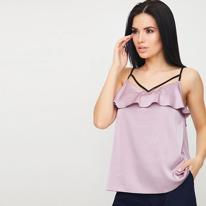 

Women Homewear Ruffle Camis sleeveless sexy Deep V neck Casual all-match lady's Lavender colour blouse Summer comfortable camis