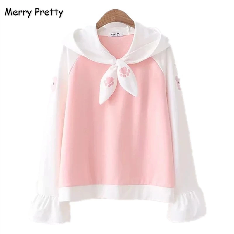 Merry Pretty, женские толстовки с капюшоном, с мультяшным принтом, с бантом,, зимние, с длинным рукавом, в стиле пэчворк, толстовки для девочек, Harajuku, милые пуловеры