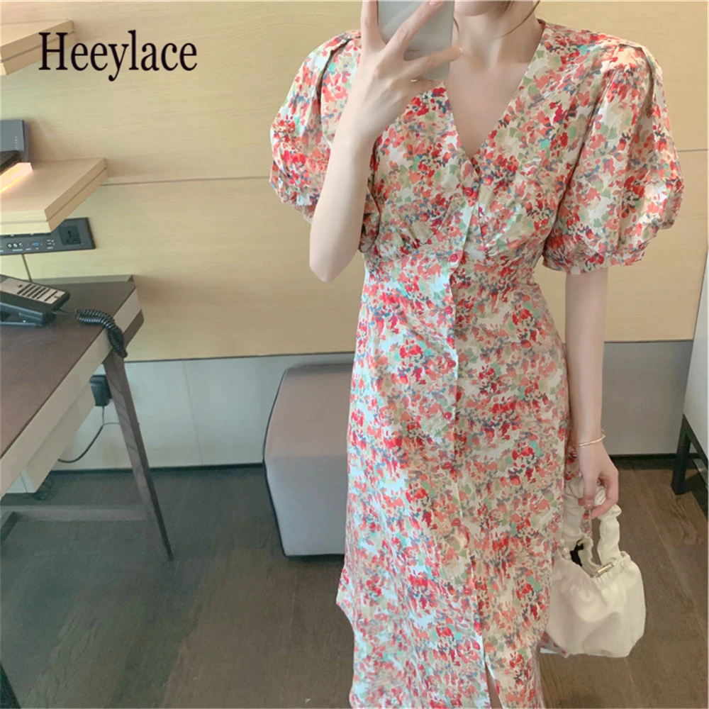 

Французское романтическое ретро-платье, модное женское Повседневное платье с принтом и V-образным вырезом, повседневная одежда, женские эле...