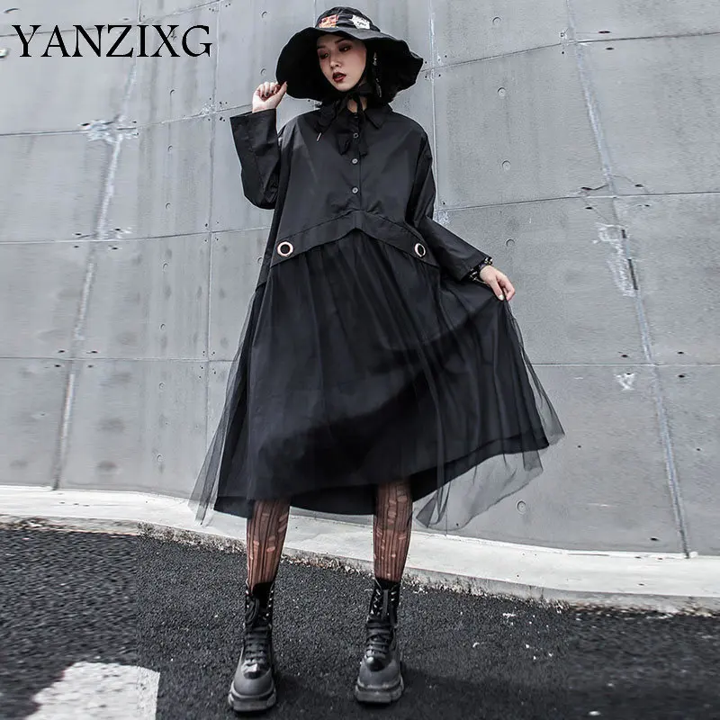 Гофрированный С Сеткой женское платье Корея Мода Новый отложной воротник