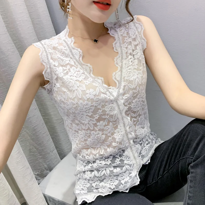 

2021 New Women Tops Fashion Sexy V-Neck Hollow Out Sleeveless Lace T-Shirt Vest Plus Size Solid Summer Tank