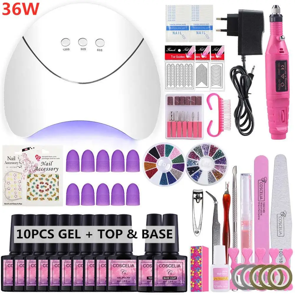 36W 10pc Gel Set 02 COSCELIA 54 Вт лампа с 10 шт. набор гель-лаков для ногтей инструменты для маникюра база верхнее покрытие ногтей наборы Электрический маникюр все для маникюра - Цвет: 36W 10pc Gel Set 02