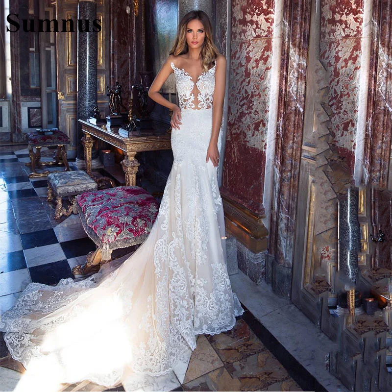 

Sumnus Amazing Tulle Wedding Dresses See-through Mermaid Wedding Gowns With Lace Appliques Vintage Bridal Dresses