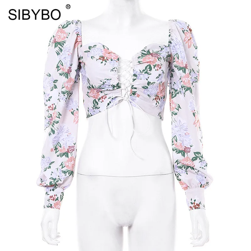 Многоцветный SIBYBO, цветочный принт, шнуровка, сексуальный укороченный топ, женский, длинный рукав, полый, тонкий, осенняя футболка, Женская повязка, повседневные, женские топы - Цвет: Многоцветный