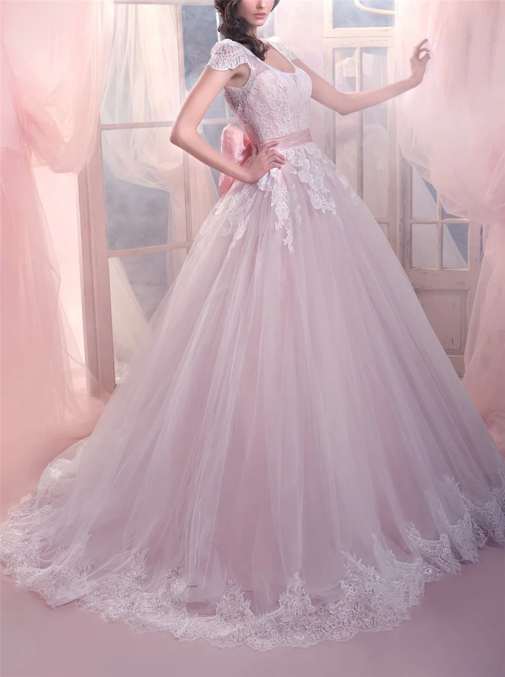 

Excellent Ivory Wedding Dresses Boho Cap Sleeves Lace Appliques Tulle Lace-Up Court Train Sash Vestidos De Novia 2023 With Bows