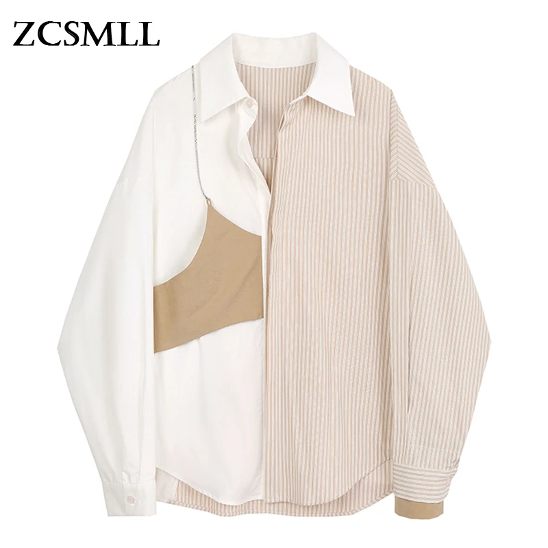 

Женская полосатая блузка ZCSMLL цвета хаки с разрезом, новинка, свободная рубашка большого размера с отворотом и длинным рукавом, модный тренд,...