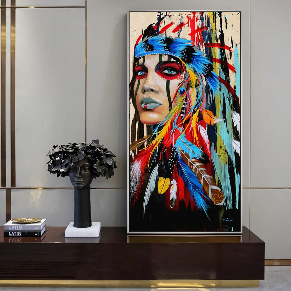 

Home Decor Pop Art Indian Girl Art Canvas Indian woman watercolor murals with feathers poster prints living room wall decoration