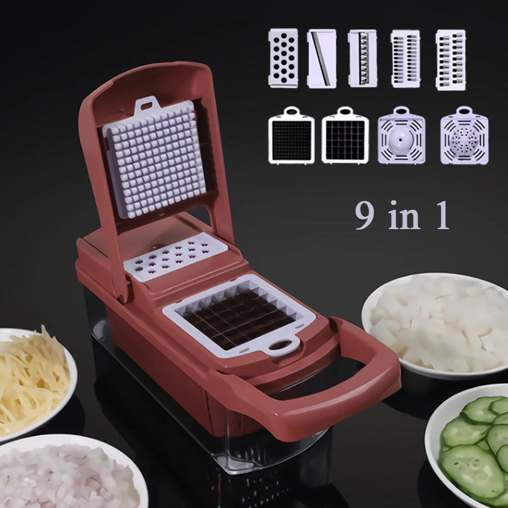 

9 In 1 Multifunction Vegetable Cutter Fruit Squeezer Grinder Shredder Drain Basket Slicer Garlic Press Gadget Kitchen Accessory