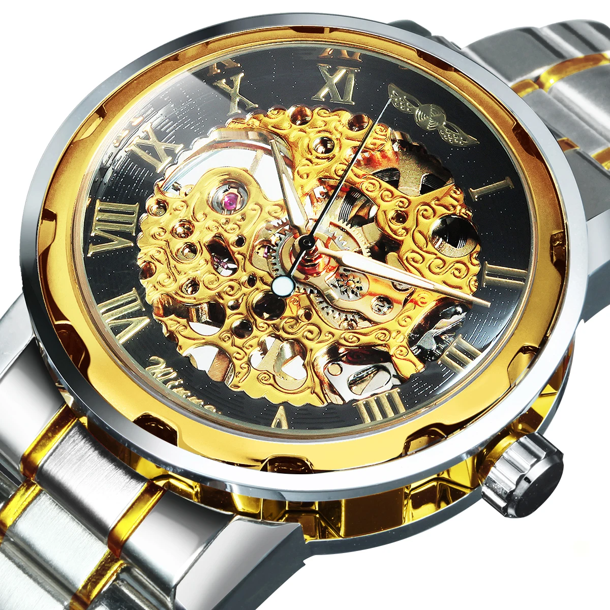 

WINNER Official Mechanical Watches Men Top Brand Luxury Carving Skeleton Wirstwatch Stainless Steel Strap Fashion Golden Relogio