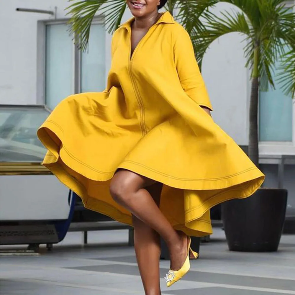 

Женское вечернее платье до середины икры, однотонное желтое платье с лацканами