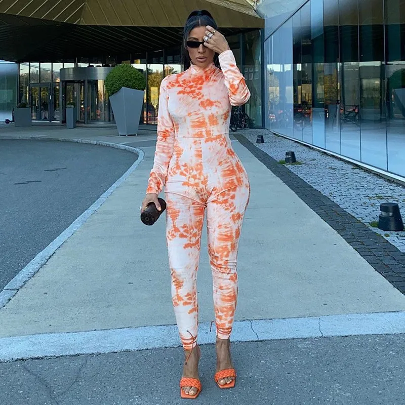 

2021 autumn women tie dye print long sleeve jumpsuits fashion stretchy overalls workout sportywear female casual jumpsuit outfit