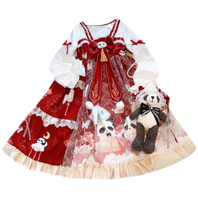 

Round Panda Lantern's Day Festival Theme Women's Lolita Long Sleeve Dress & Red Bear Ear Hat Cape Red Cute Girl