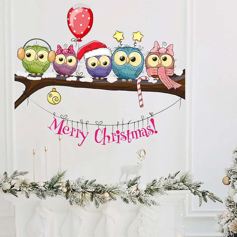 2021 New Year Window Stickers for Merry Christmas Decoration Christmas-dressed Owl On A Tree Branch Wall | Дом и сад