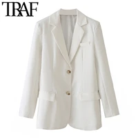 traf women fashion single breasted white blazer coat vintage long sleeve welt pockets female outerwear chic veste femme