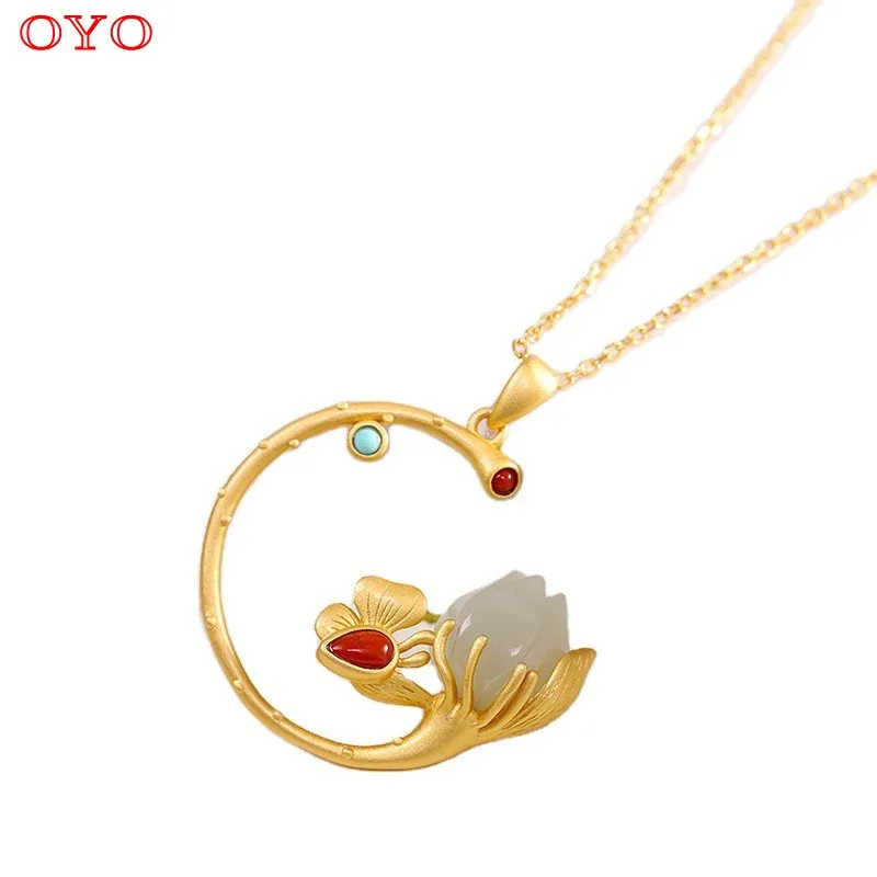 

100% S925 Ancient Sterling Silver Hetian Jade Tulip Pendant Fashion Trend Women's