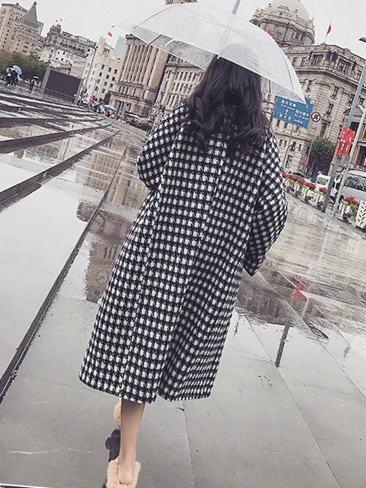 Новое осенне-зимнее элегантное шерстяное пальто с рисунком гусиные лапки