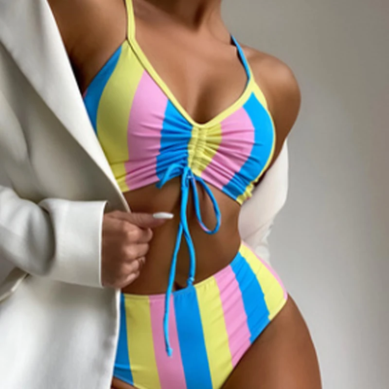 

Бикини пуш-ап, с принтом в полоску, с высокой талией, 2021