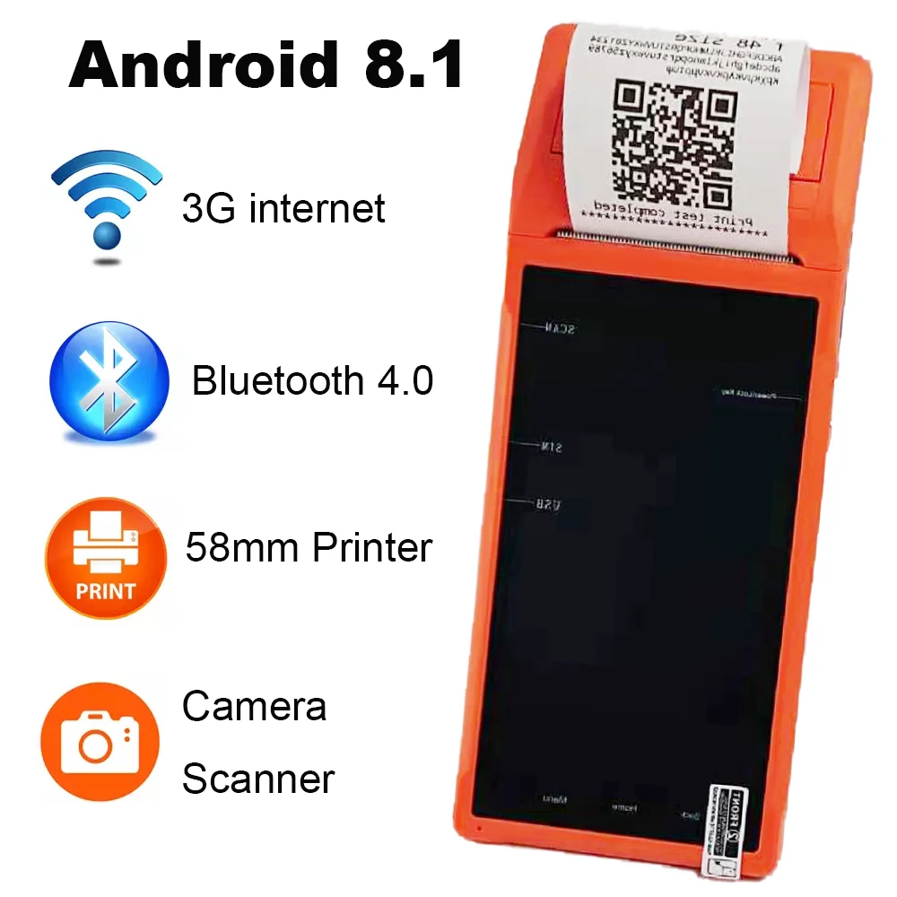 Ручной терминал NFC 3G/4G PDA POS встроенный термальный Bluetooth принтер 58 мм Wi Fi Android камера