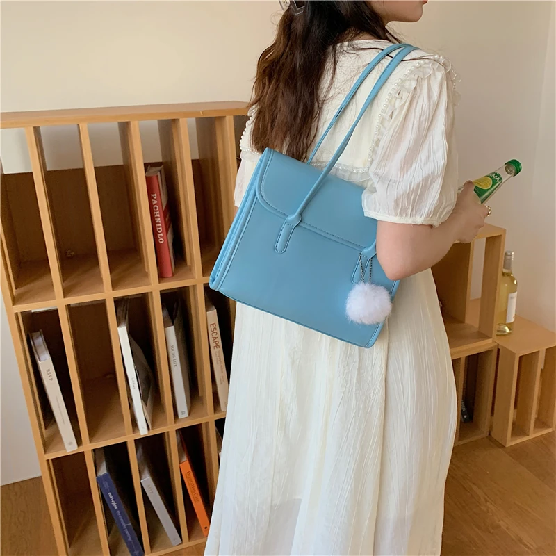 

Women's Daily Top Handle Tote with Ball Simple Ladies Solid Color Handbags PU Leather Female Small Square Shoulder Underarm Bags
