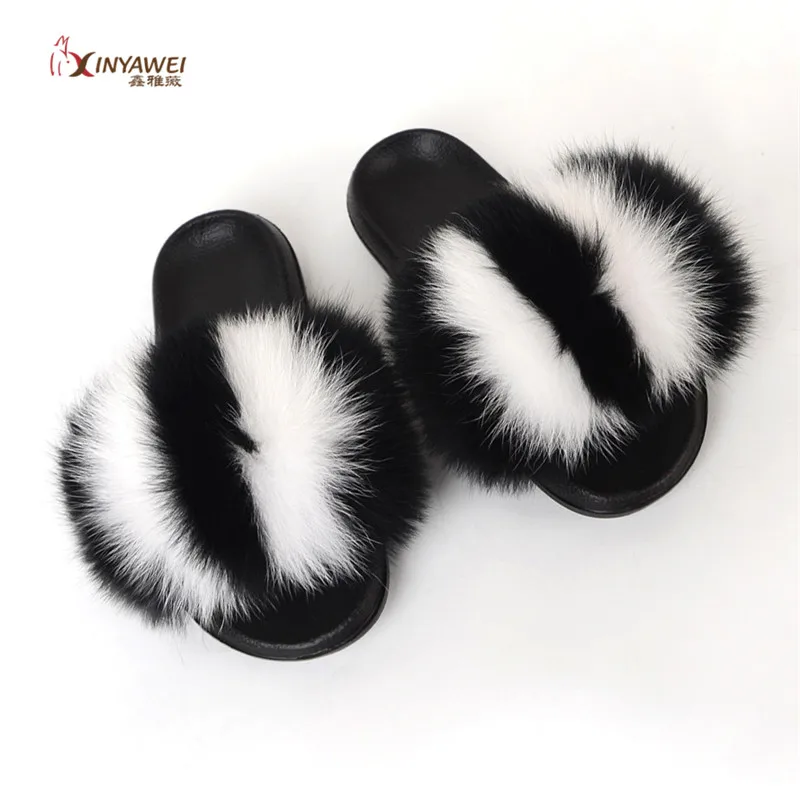 Шлепанцы женские из натурального Лисьего меха радужные меховые сланцы