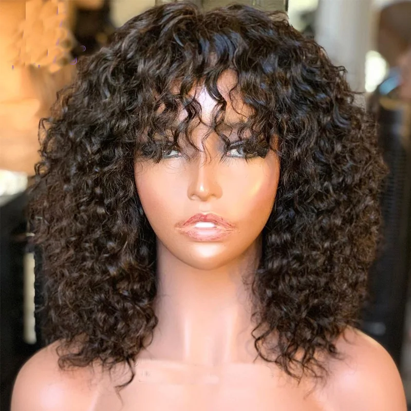 

Loose Kinky Curly Human Hair Wigs with Bangs Brazilian 180 Density Scalp Base Top Curly Full Machine Made Human Hair Wigs