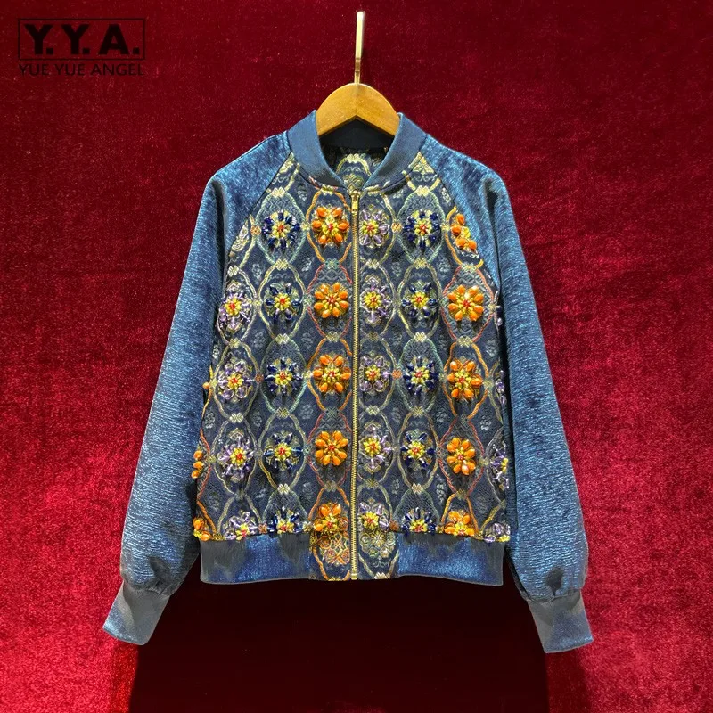 

Luxury Women Vintage Jacquard Embroidery Jacket Spring Autumn Ladies Casual Floral Beading Coat Stand Collar Slim Fit Jackets