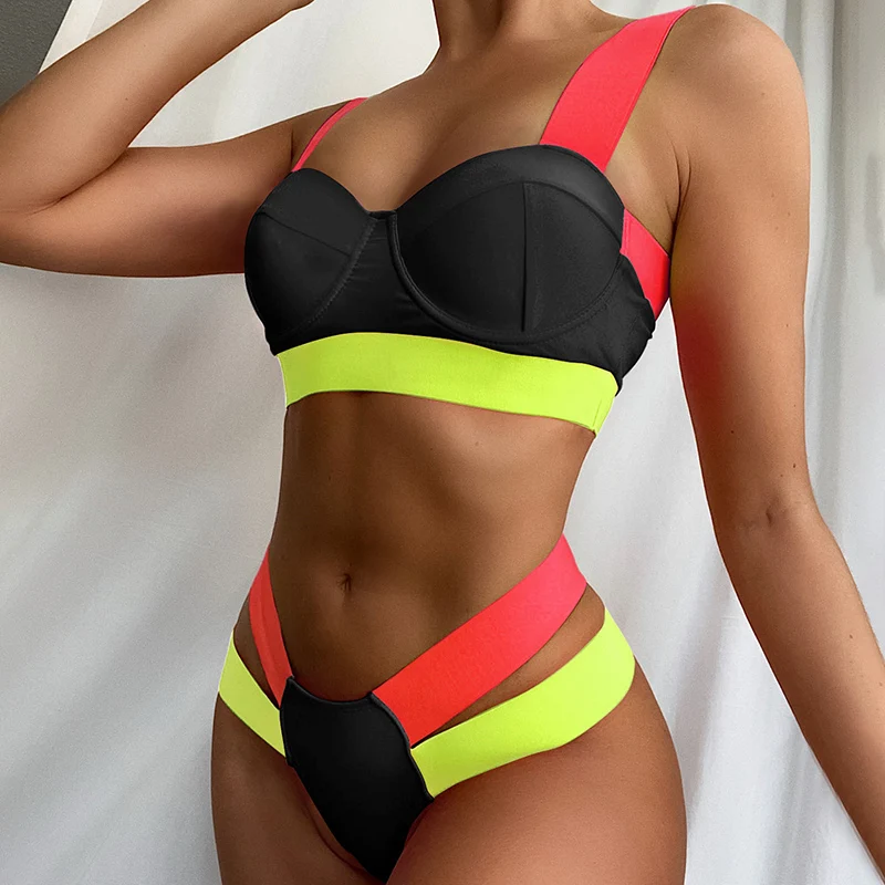 

Women Colorful Splicing Contrasting Bikini Set Ladies Underwire Two-piece Swimsuit XRQ88