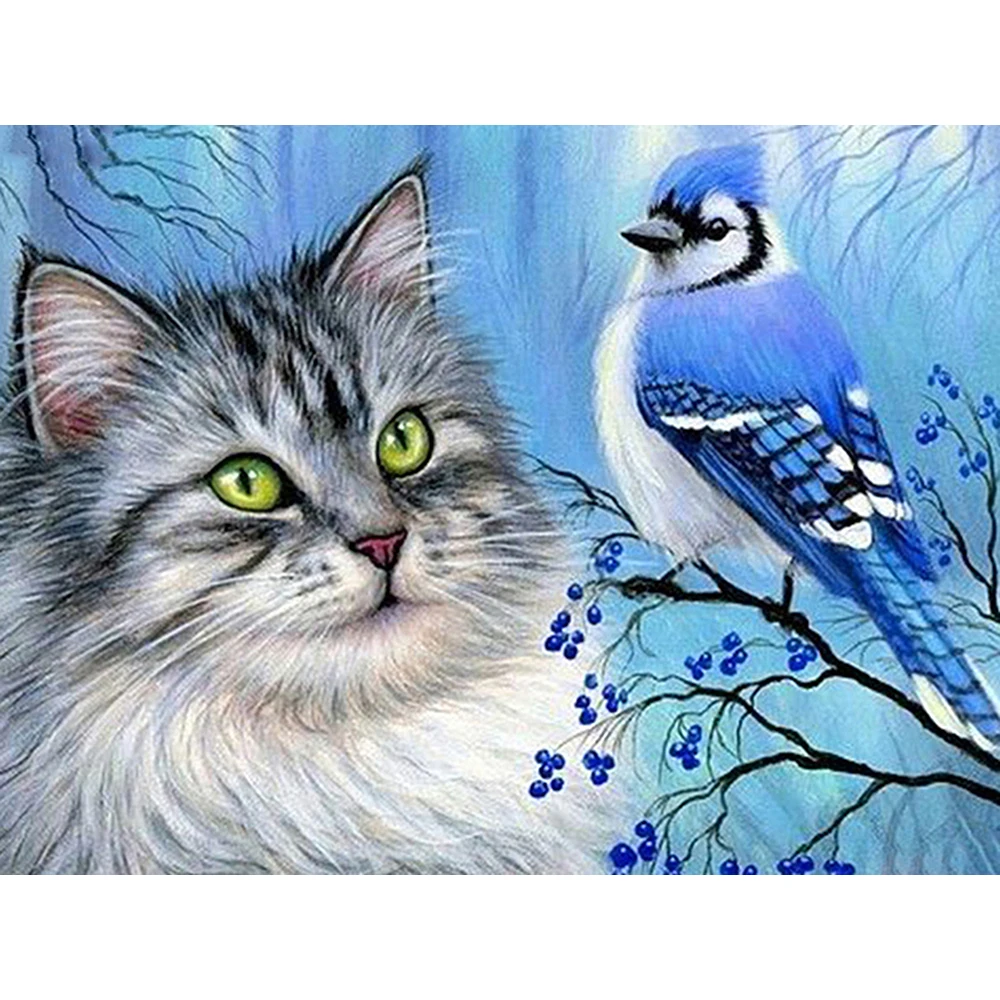 

MEIVN 5D DIY Diamond Painting Cat And Blue Bird Full Square Diamond Embroidery Animal Rhinestones Pictures Crafts Kit