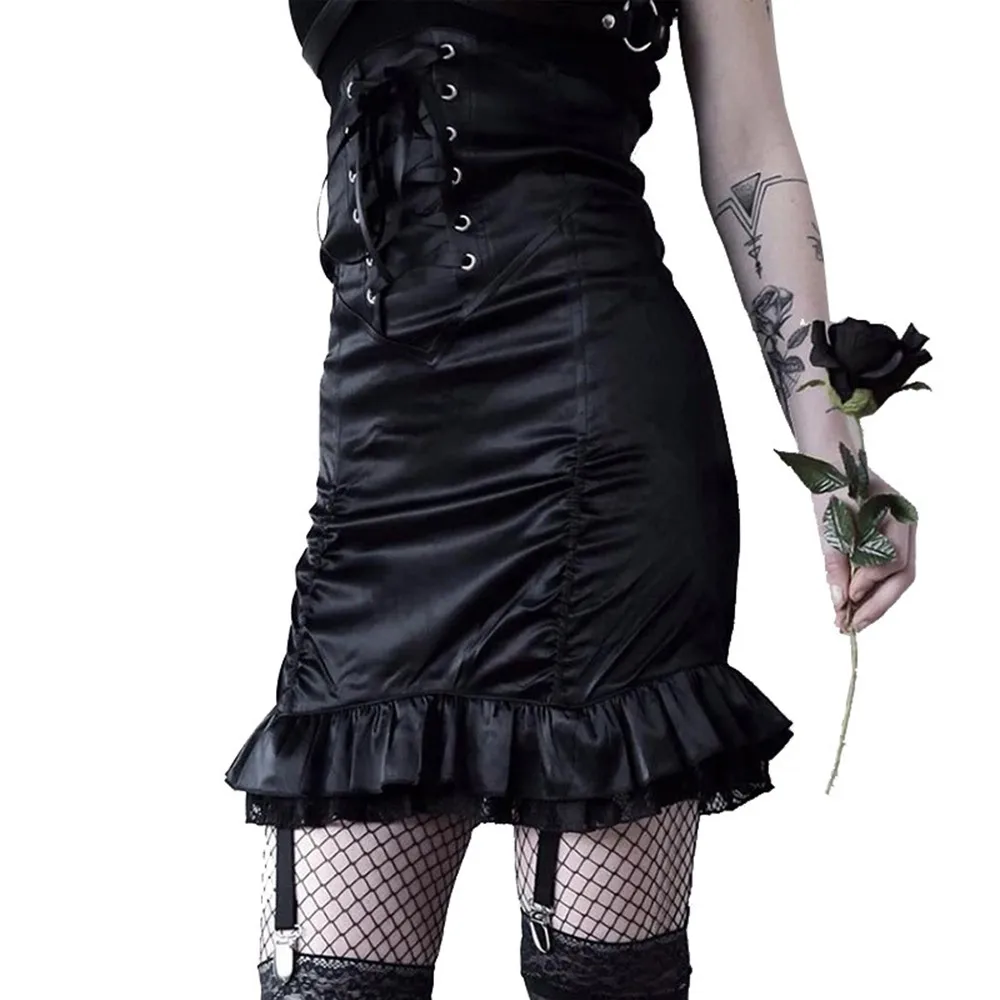 

Gothic Bodycon Skirt Sexy Goth Black Skirts Womens Autumn Ladies Lace Slim Party Club Pencil Bandage Pleated High Waist Skirt