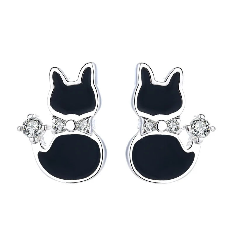 

Simple Cat Earrings Cute Cartoon Cat S925 Pure Epoxy Earrings Flash Diamond Zircon Fashion