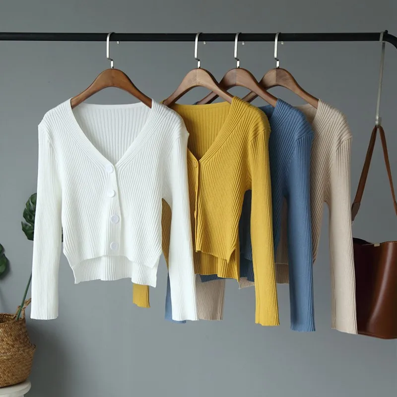 Однотонный тонкий прилегающий вязаный кардиган с v-образным вырезом Женские