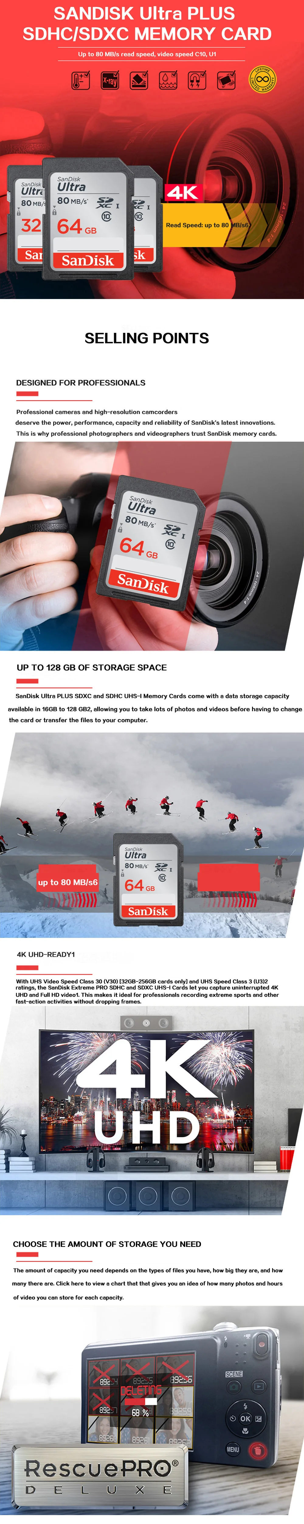 Карта памяти SanDisk Extreme Pro SDHC/SDXC, SD карта, 32 ГБ, 64 ГБ, 128 ГБ, 256 ГБ, класс 10, U1, U3, 4 K, 16 ГБ, 512 ГБ, флеш-карта памяти для камеры